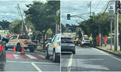 Motorista embriagado atinge poste na Antônio Carlos e causa lentidão na Pampulha com risco de queda da estrutura