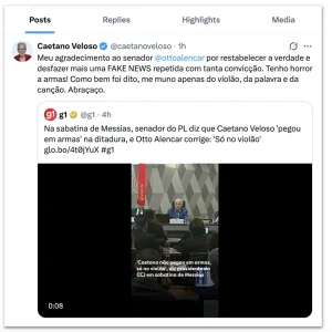 Caetano Veloso agradece senador por desmentir fala sobre ter "pegado em armas"