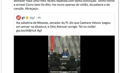 Caetano Veloso agradece senador por desmentir fala sobre ter "pegado em armas"