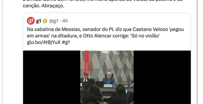 Caetano Veloso agradece senador por desmentir fala sobre ter "pegado em armas"