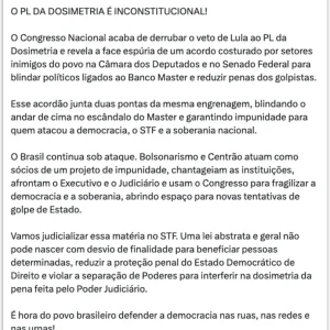 Lindbergh Farias levará ao STF derrubada de veto de Lula ao PL da Dosimetria