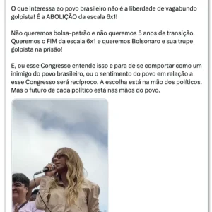 Erika Hilton defende "refundar o Brasil" e "limpar o Congresso" após derrotas do governo Lula