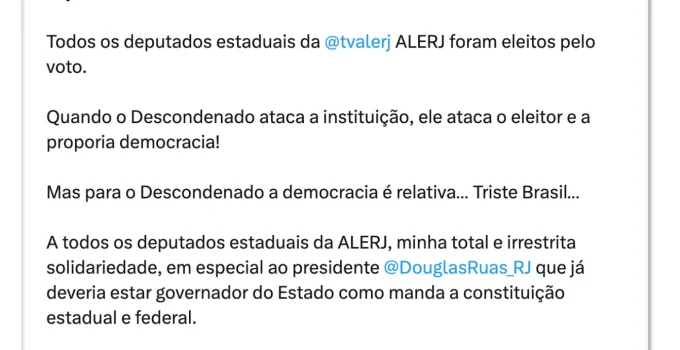 Sóstenes Cavalcante critica Lula e defende Alerj após fala sobre milicianos