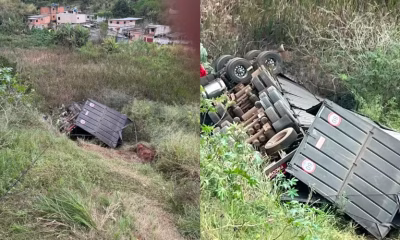 Motorista morre após carreta carregada com carvão tombar e cair de ponte na BR-040 em Minas Gerais
