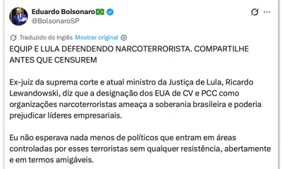 Eduardo Bolsonaro critica Lewandowski e o chama de 'atual ministro da Justiça'