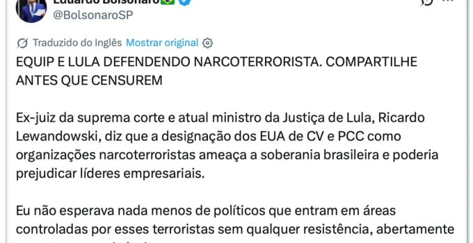 Eduardo Bolsonaro critica Lewandowski e o chama de 'atual ministro da Justiça'