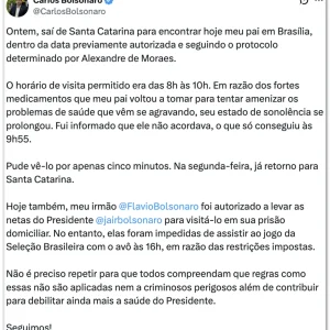 Carlos Bolsonaro relata sonolência e dificuldade de Jair Bolsonaro em 'acordar' após medicação