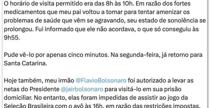 Carlos Bolsonaro relata sonolência e dificuldade de Jair Bolsonaro em 'acordar' após medicação