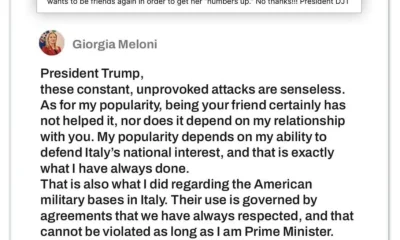 Meloni rebate Trump e o aconselha a focar em sua popularidade em meio a trocas de farpas sobre política externa e alianças