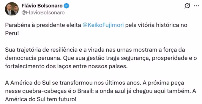 Flávio Bolsonaro celebra eleição de Keiko Fujimori no Peru e projeta "onda azul" no Brasil