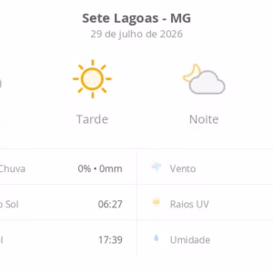 Sete Lagoas (MG) terá dia ensolarado com nevoeiro matinal e aumento de nuvens à noite