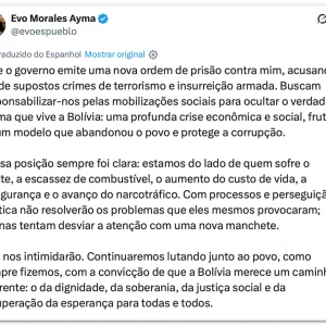 Bolívia: Nova ordem de prisão contra Evo Morales por terrorismo e levante armado