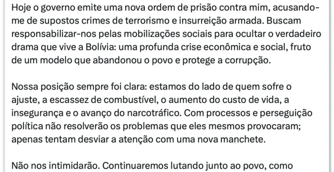 Bolívia: Nova ordem de prisão contra Evo Morales por terrorismo e levante armado
