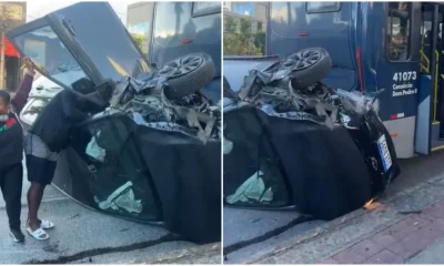 Vídeo: Carro capota após colisão com ônibus na Avenida Nossa Senhora do Carmo, em BH; uma pessoa fica ferida