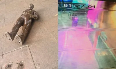 VÍDEO: Câmeras flagram suspeitos balançando estátua de Roberto Drummond na Savassi antes de ela ser derrubada