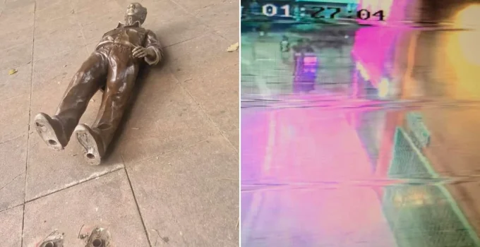 VÍDEO: Câmeras flagram suspeitos balançando estátua de Roberto Drummond na Savassi antes de ela ser derrubada