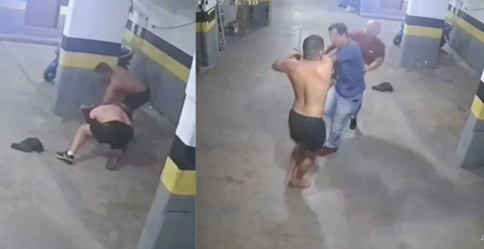 Homem é agredido após discussão por portão de garagem em prédio de luxo na Região Central de BH; vídeo flagra o momento