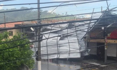 Temporal em Santa Luzia: Telhado de pizzaria é arrancado e árvores caem, bloqueando vias na Grande BH