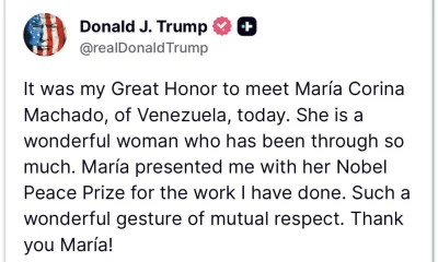 María Corina Machado entrega Nobel da Paz a Trump em gesto simbólico; instituto contesta