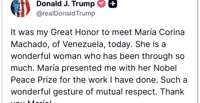 María Corina Machado entrega Nobel da Paz a Trump em gesto simbólico; instituto contesta