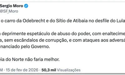 Moro critica desfile da Acadêmicos de Niterói em homenagem a Lula e cita 'Odebrecht'