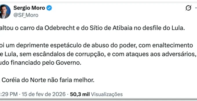 Moro critica desfile da Acadêmicos de Niterói em homenagem a Lula e cita 'Odebrecht'