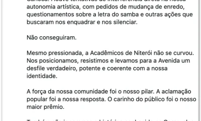 Escola de Samba que homenageou Lula reclama de 'perseguições' e cobra julgamento justo no Carnaval