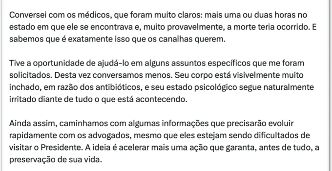 Carlos Bolsonaro relata que pai, Jair Bolsonaro, está "inchado e irritado" na UTI