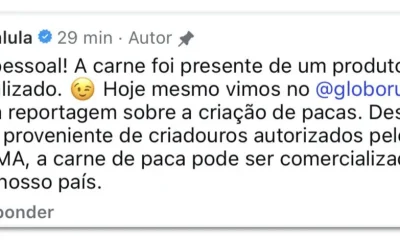 Janja afirma que paca consumida por Lula na Páscoa era legalizada, mas Planalto não fornece detalhes