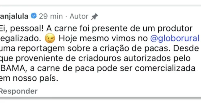Janja afirma que paca consumida por Lula na Páscoa era legalizada, mas Planalto não fornece detalhes
