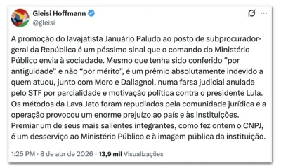 Gleisi critica promoção de procurador da Lava Jato e a chama de 'prêmio indevido'