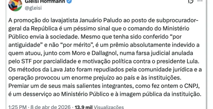 Gleisi critica promoção de procurador da Lava Jato e a chama de 'prêmio indevido'